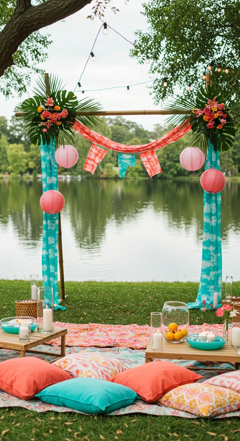 Arche de mariage lacustre avec bambou, tissus tie-dye corail/teal, fleurs tropicales, lanternes en papier et coussins.