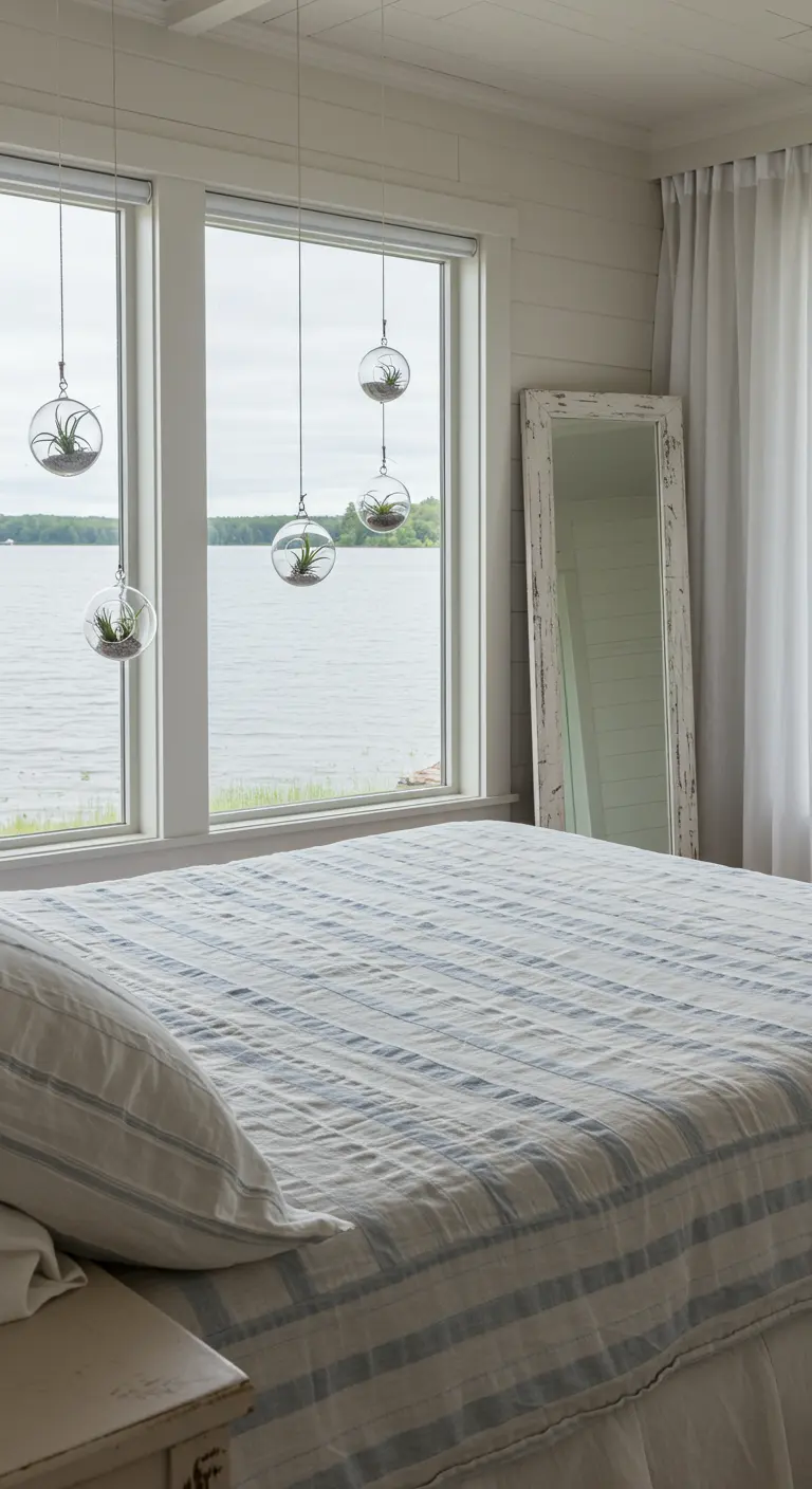 Chambre côtière avec lit rayé, miroir blanc vieilli et trois Tillandsias suspendus devant une fenêtre lacustre.