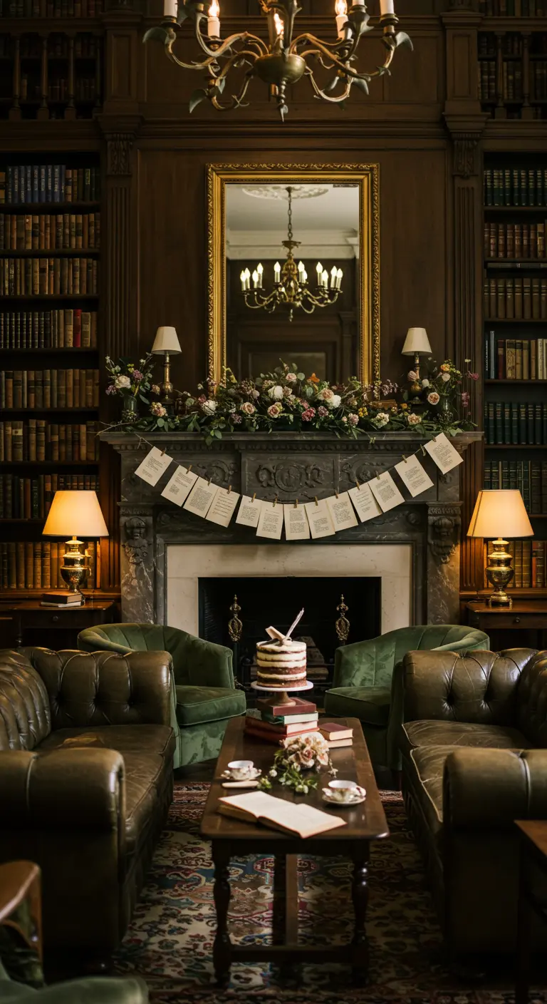 Guirlande de pages de livres pliées au-dessus d'une cheminée dans une bibliothèque ancienne.