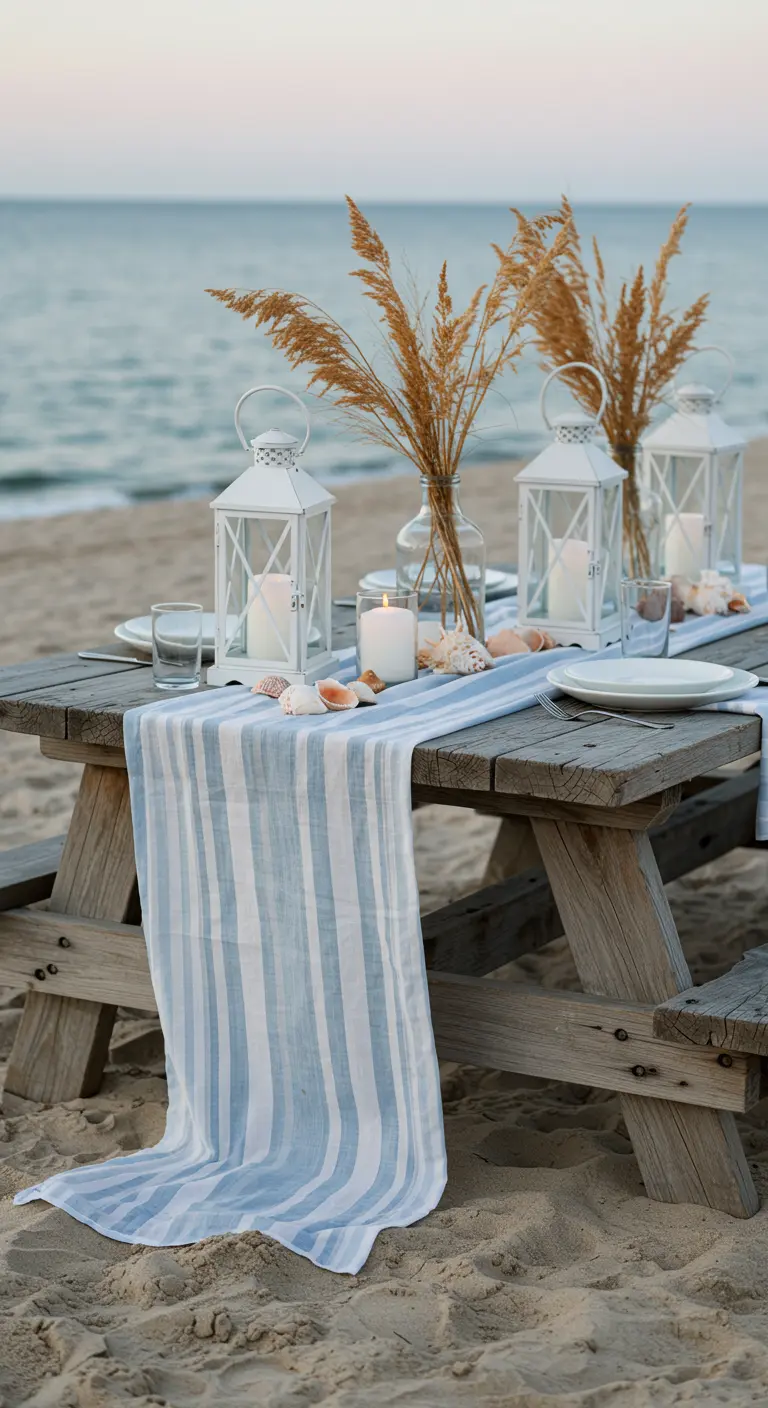 Table de pique-nique en bois sur la plage avec chemin de table rayé, lanternes et coquillages.