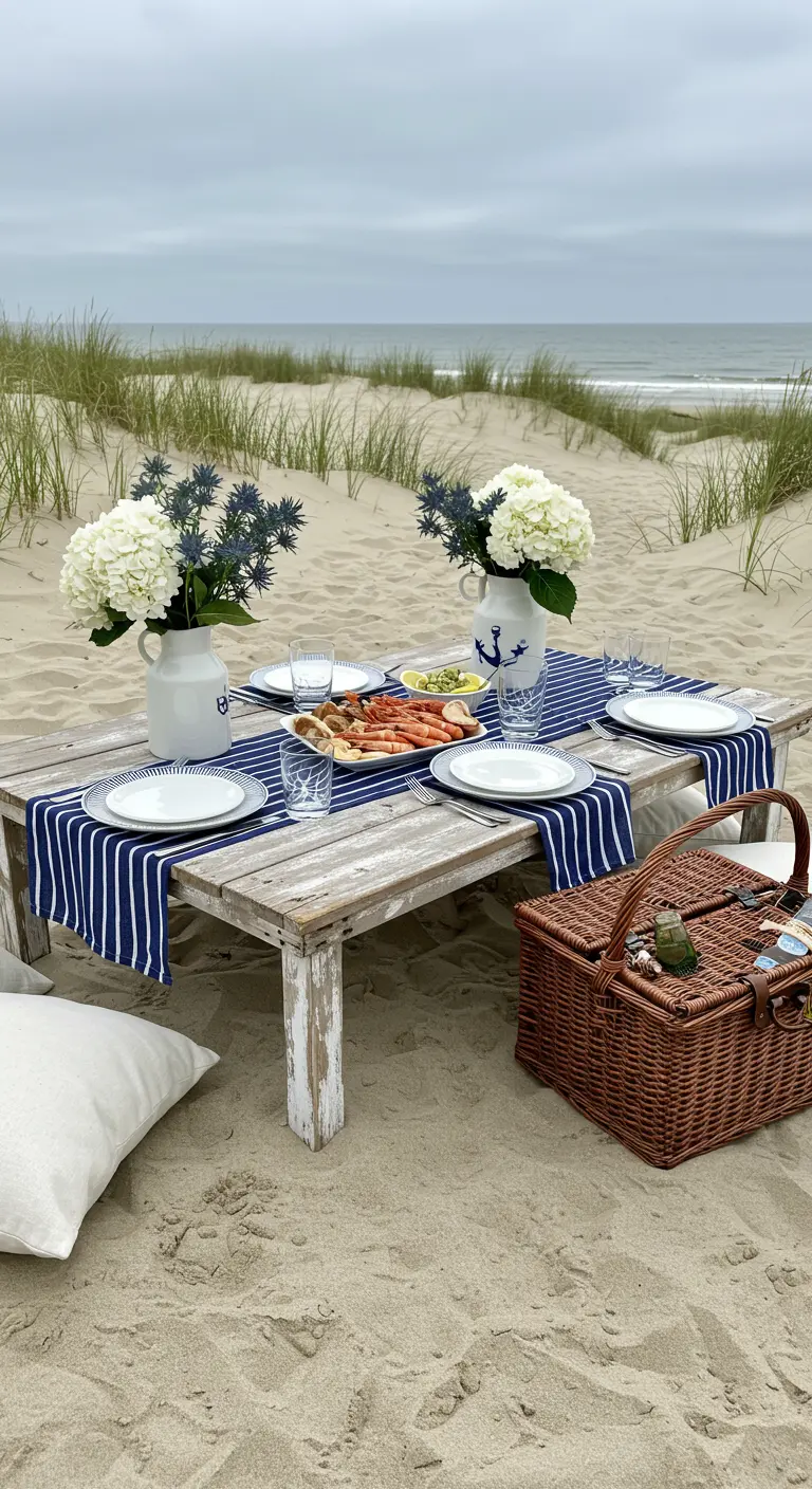 Pique-nique sur la plage avec table en bois, chemin de table rayé, fruits de mer et hortensias blancs.