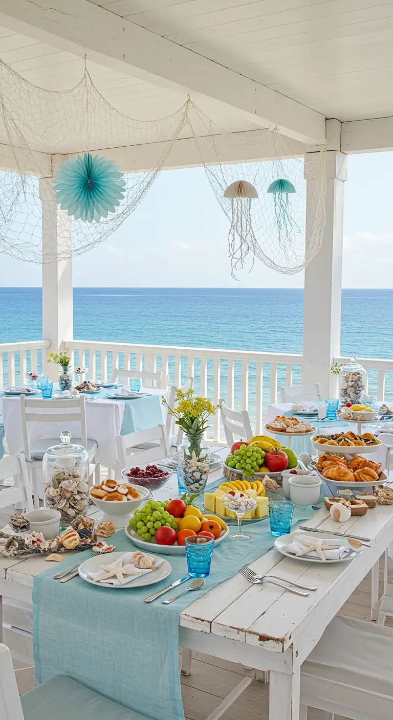 Décoration de fête sur le thème de la mer avec filets de pêche, méduses en papier et coquillages.