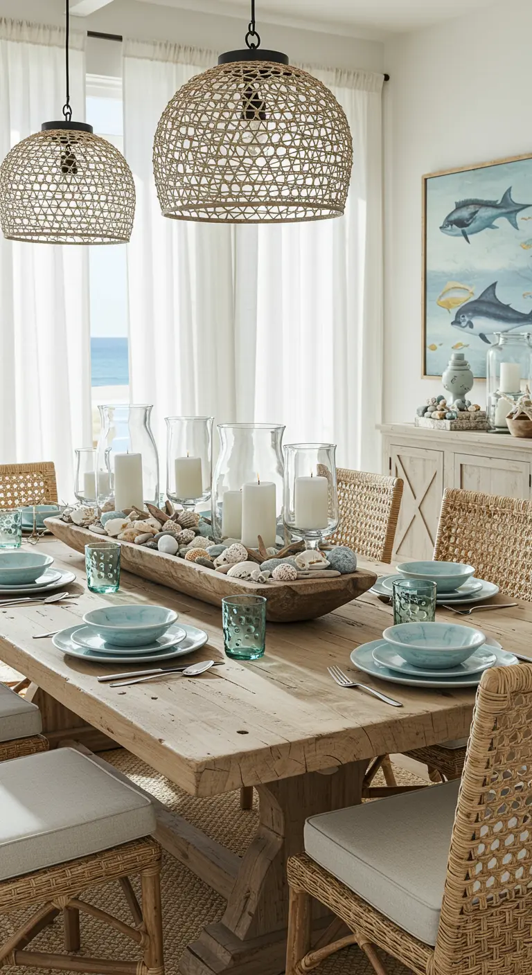 Table en bois clair avec un centre de table en bois flotté rempli de coquillages, sable et bougies, sur le thème marin.