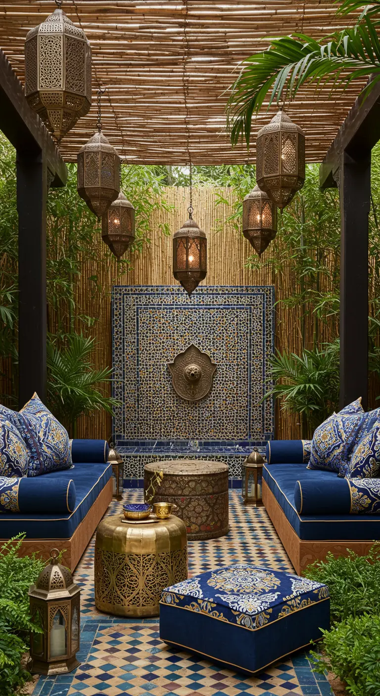 Patio d'inspiration marocaine avec lanternes ajourées, carrelage, canapés bleus et tables en laiton.