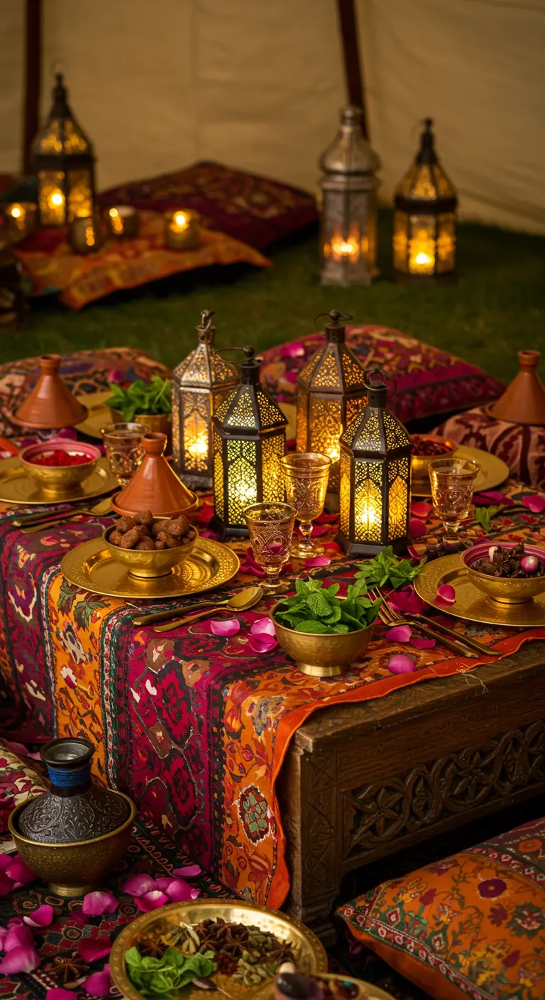 Table basse marocaine avec coussins de sol, lanternes ajourées, plats en cuivre et pétales de rose.