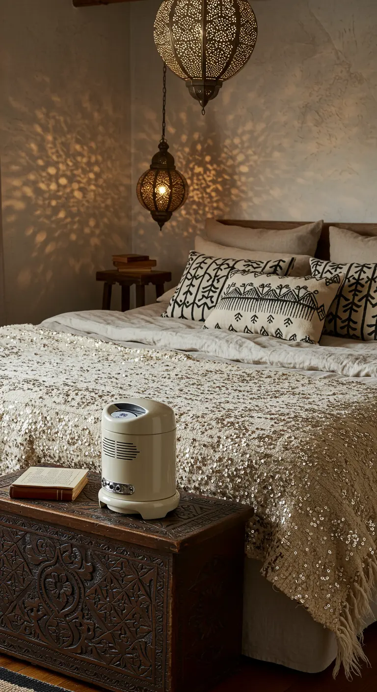 Chambre d'inspiration marocaine avec des lanternes en métal et un plaid à sequins.