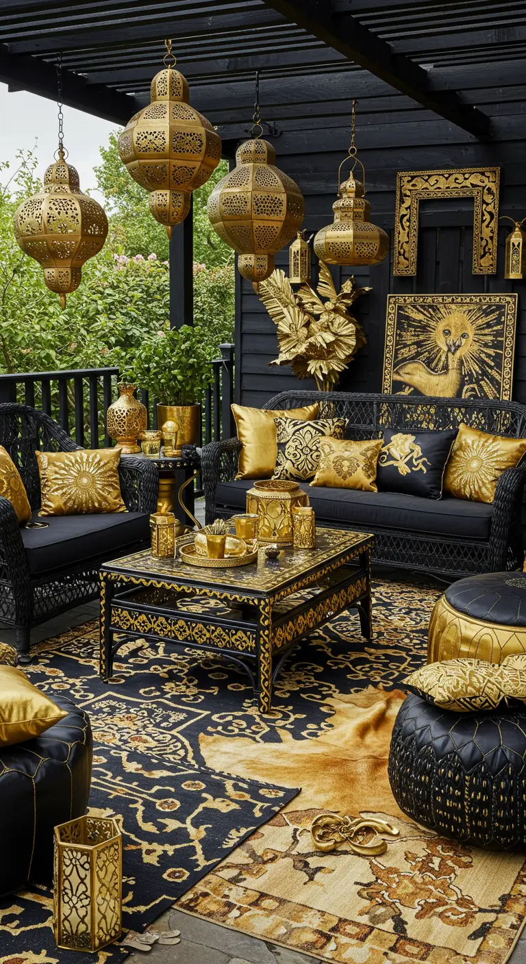 Patio avec salon noir, coussins dorés, tapis marocain et nombreuses lanternes dorées suspendues.