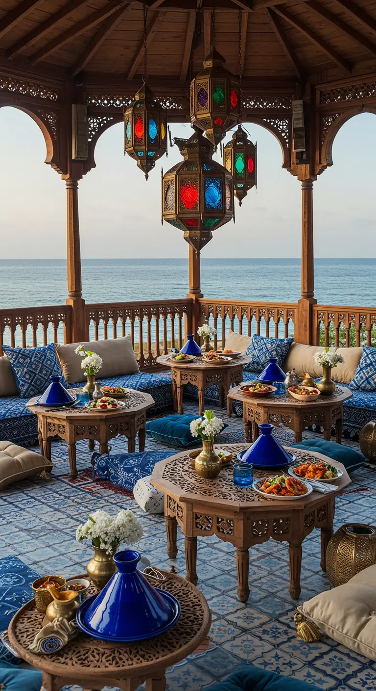 Gazebo de style marocain en bord de mer avec tables basses, coussins bleus, et lanternes colorées suspendues.