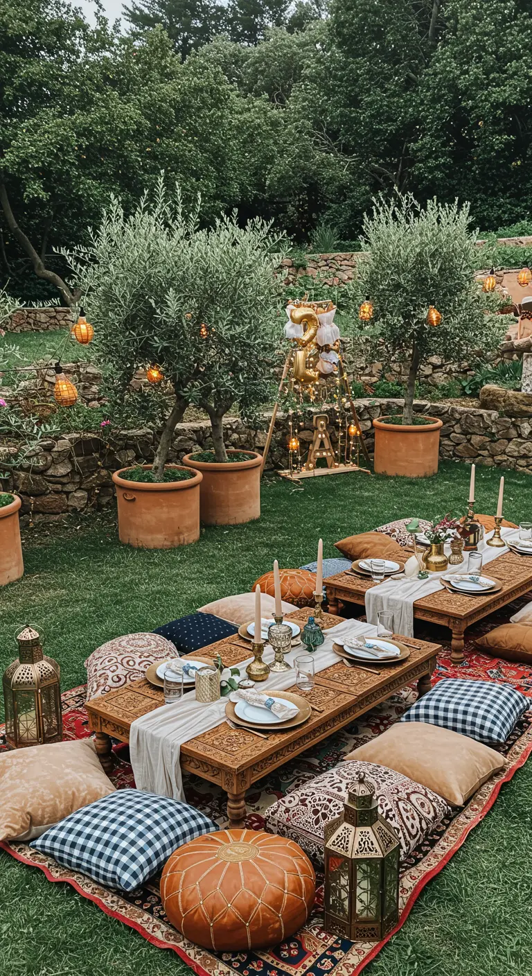 Pique-nique bohème marocain avec tapis, tables sculptées, coussins colorés et oliviers.