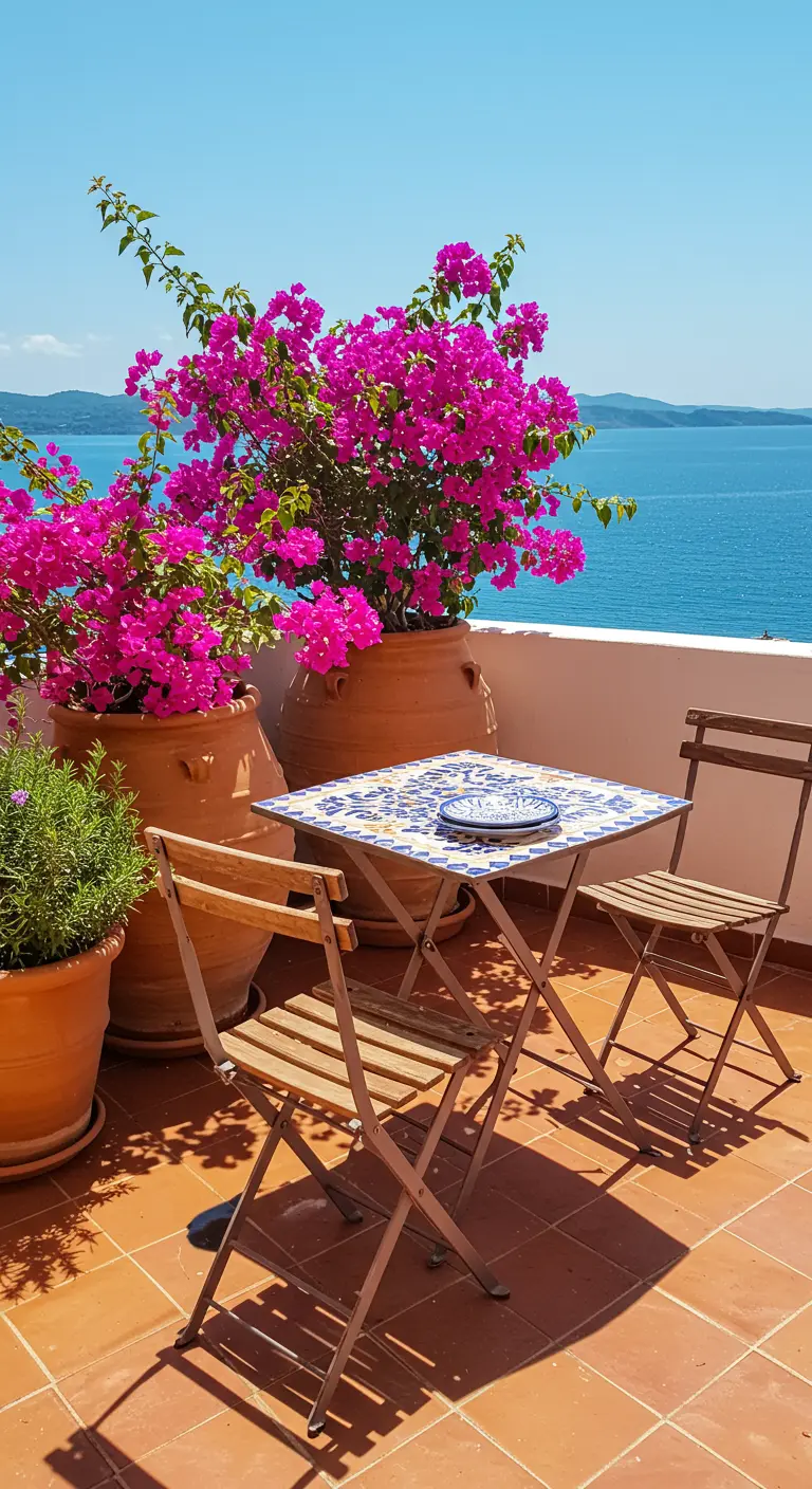 Bistro set en mosaïque et bois sur une terrasse méditerranéenne avec bougainvilliers fuchsias en pots.