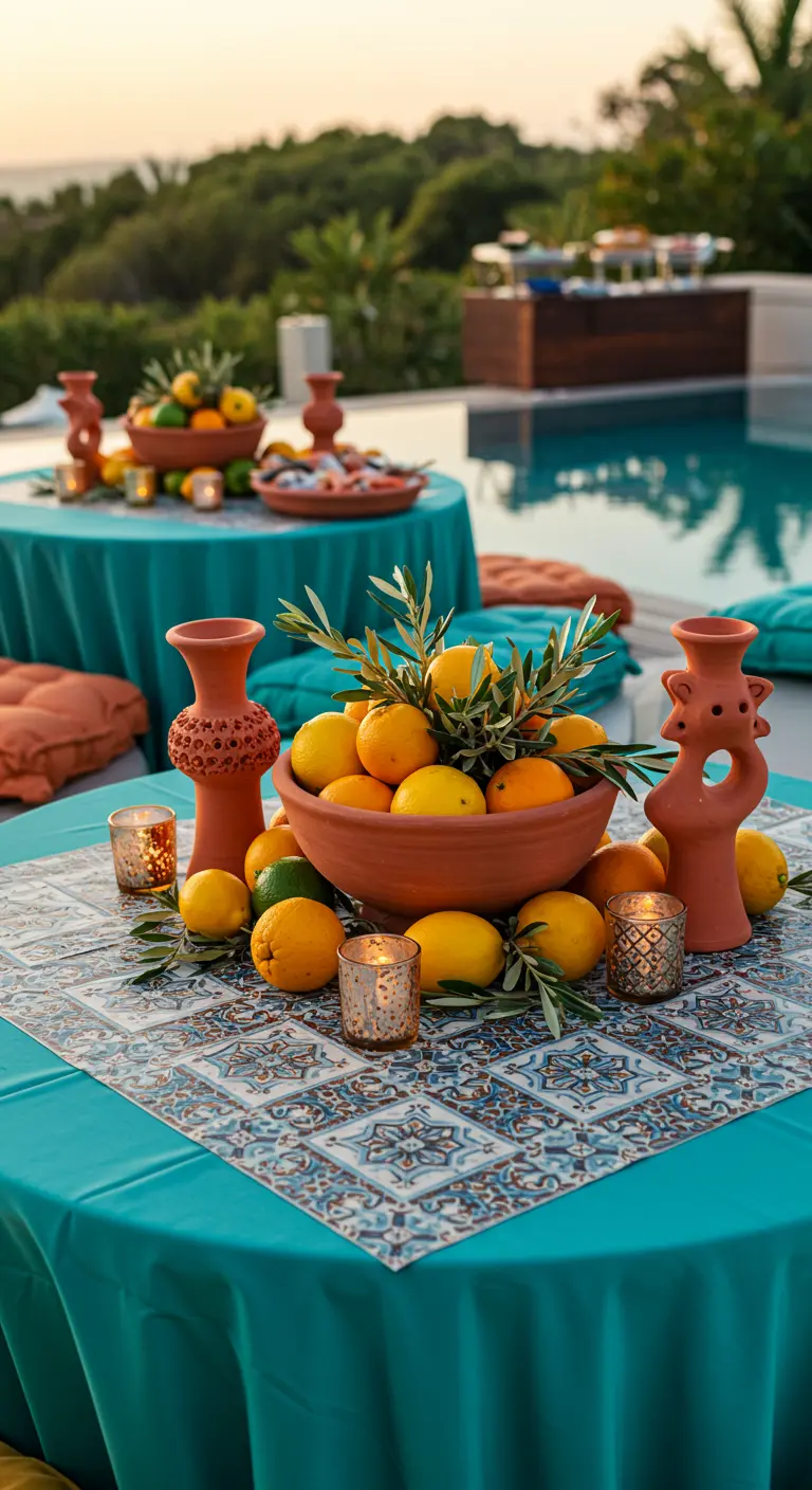 Scène de fête au bord de la piscine avec nappe turquoise, agrumes frais, vases en terre cuite.