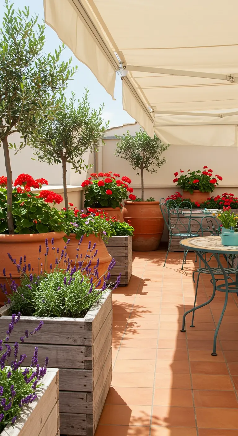 Terrasse méditerranéenne avec grands pots en terre cuite, jardinières en bois de lavande, géraniums rouges, oliviers.
