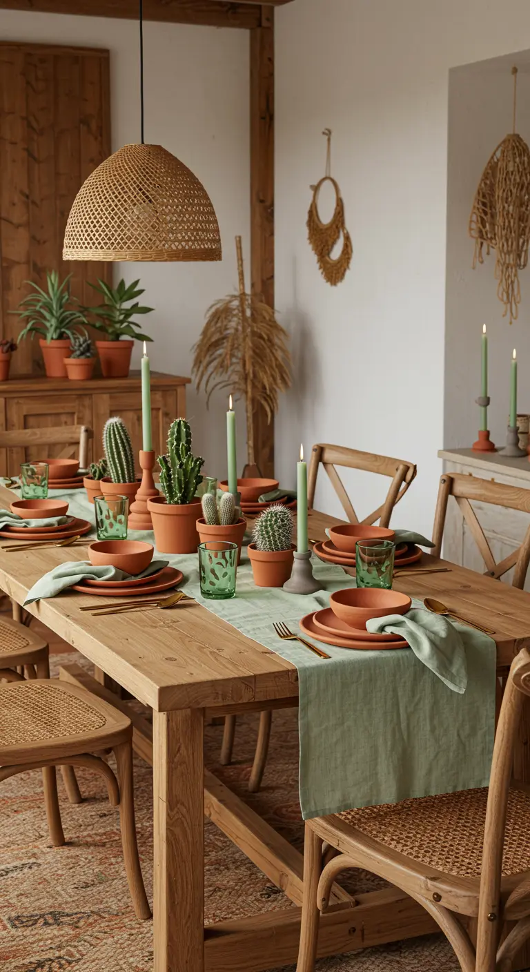 Table en bois clair décorée de cactus en pots en terre cuite, bougies vertes et vaisselle terracotta.