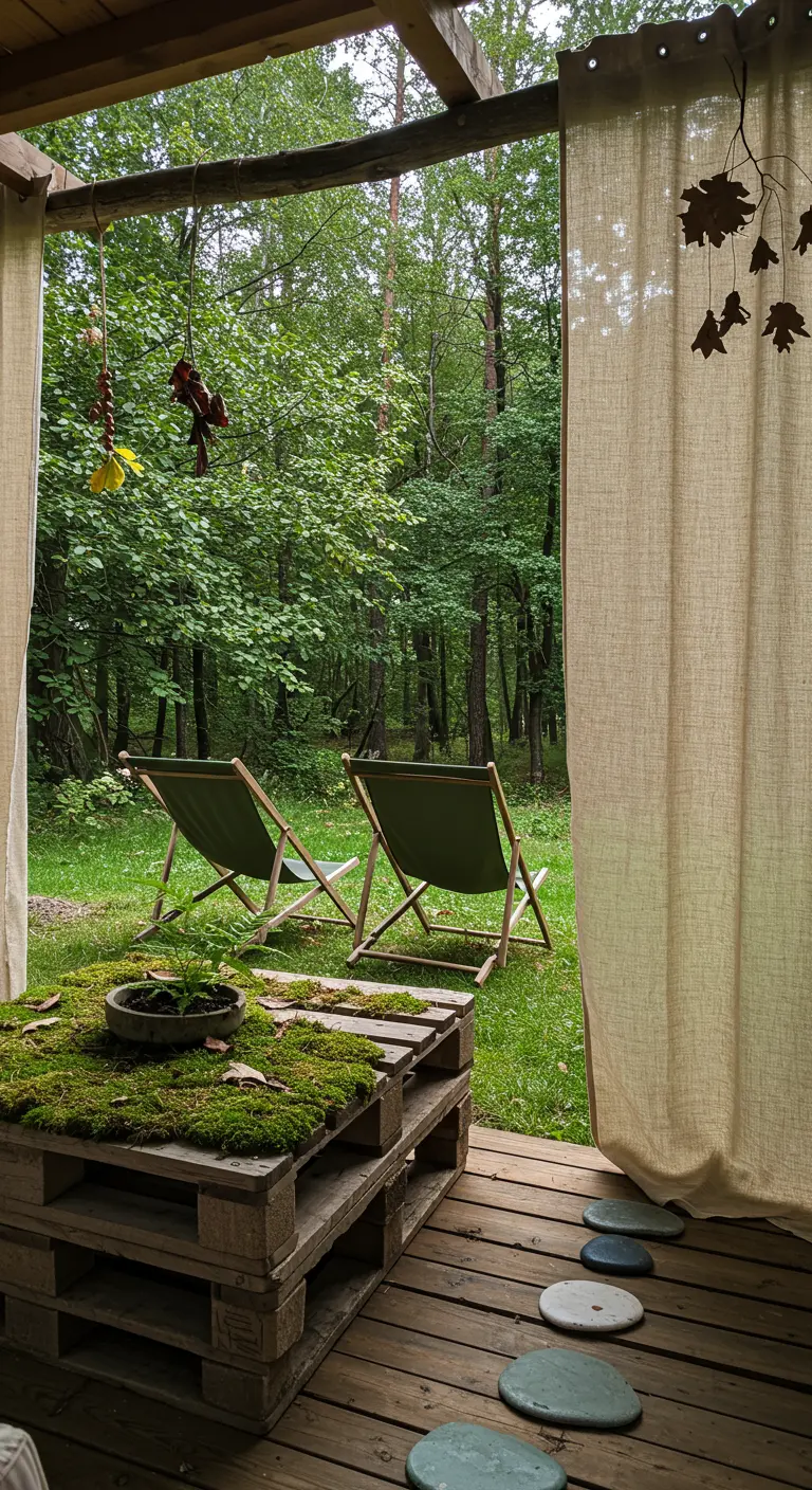 Terrasse en bois avec table en palettes moussues, transats verts et rideaux en lin.