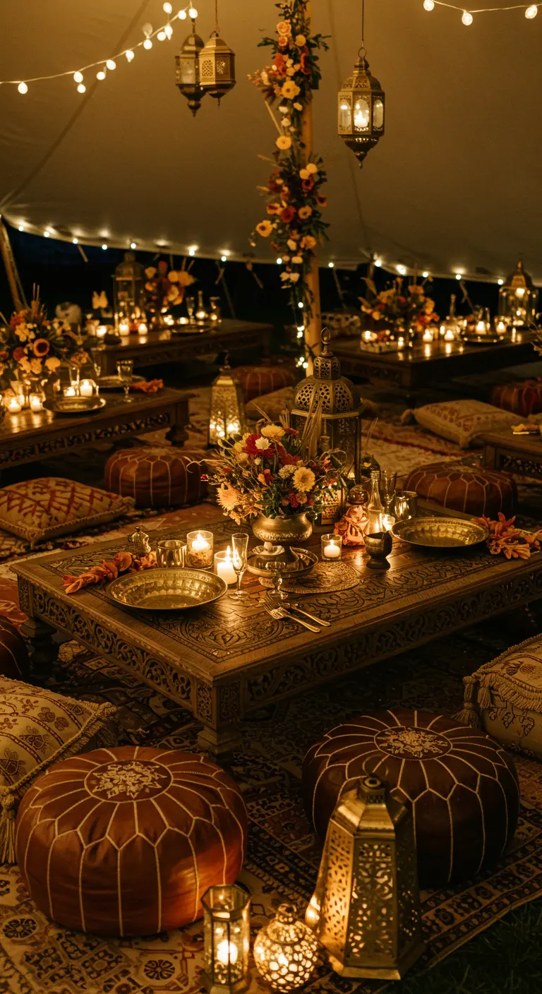 Tables basses sur tapis orientaux avec coussins de sol, bouquets de fleurs et lanternes.