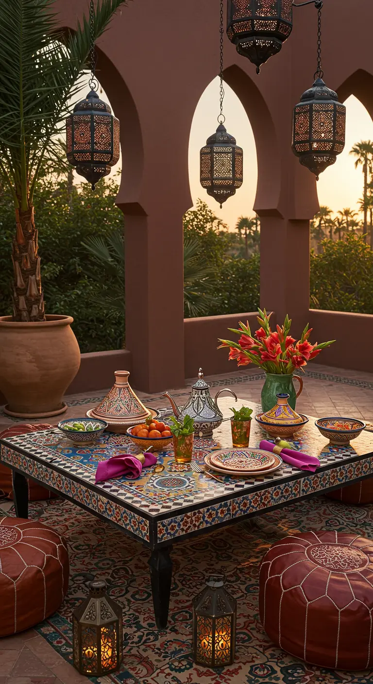 Table basse marocaine en zellige, poufs en cuir et lanternes suspendues pour un dîner oriental.