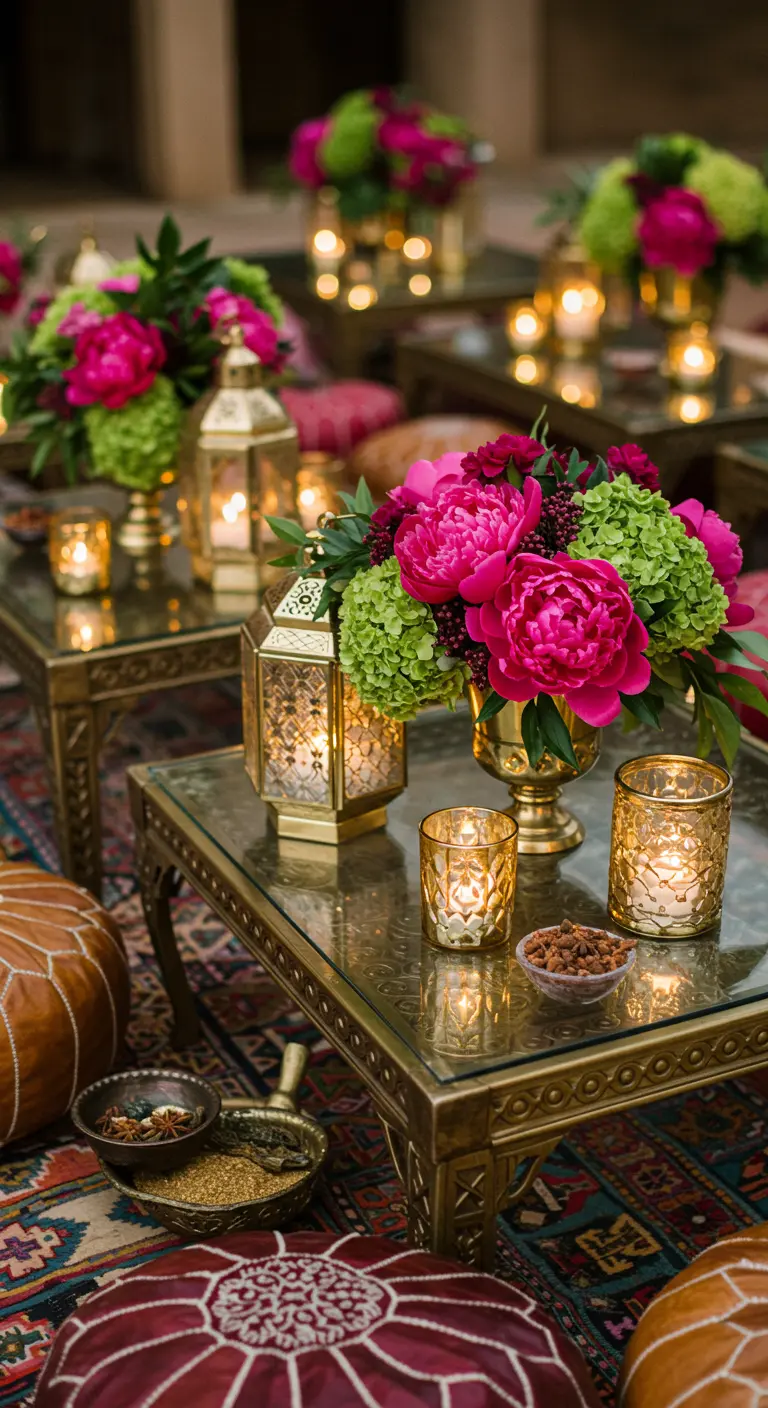 Espace lounge marocain avec tables basses dorées, pivoines fuchsia, hortensias verts et lanternes métalliques.