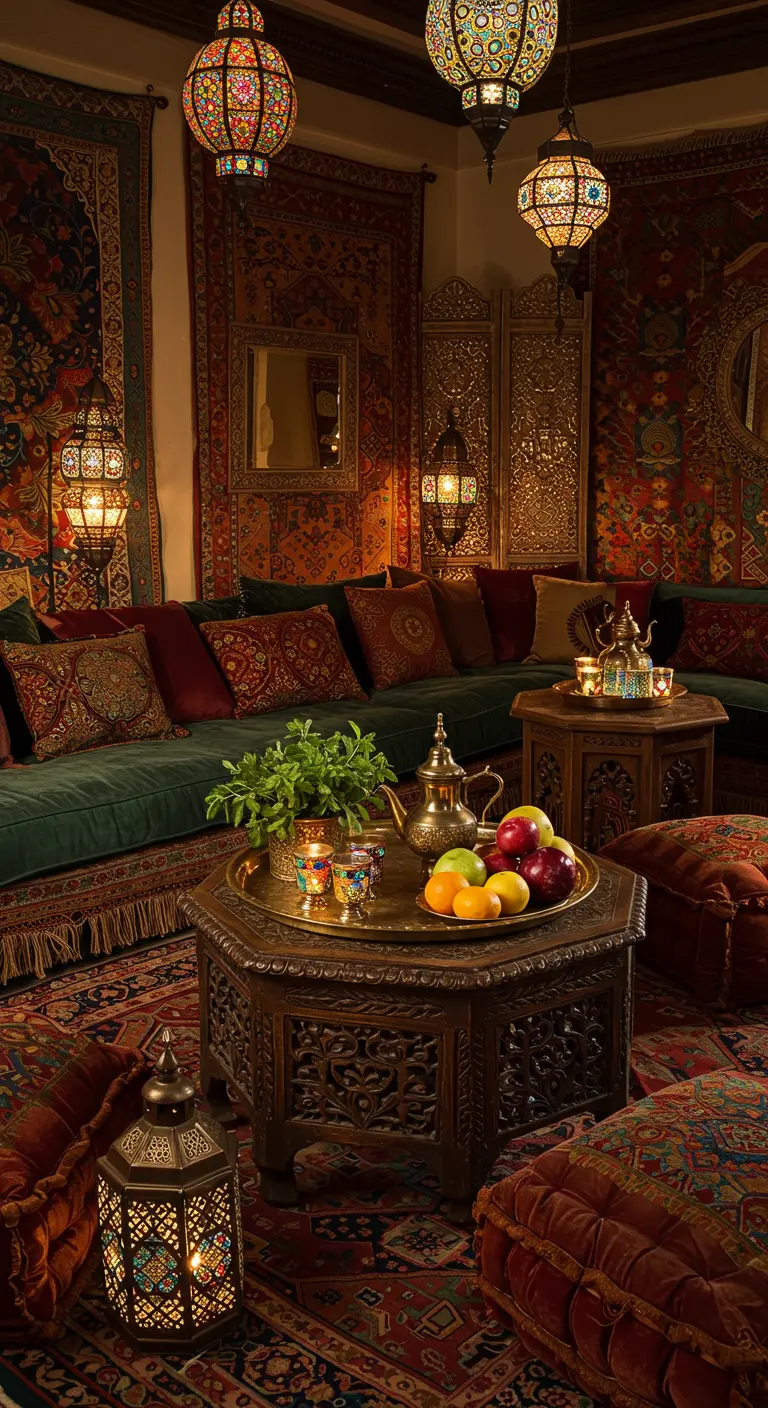 Plateau en laiton avec théière, verres et fruits sur une table basse sculptée, dans un salon oriental.