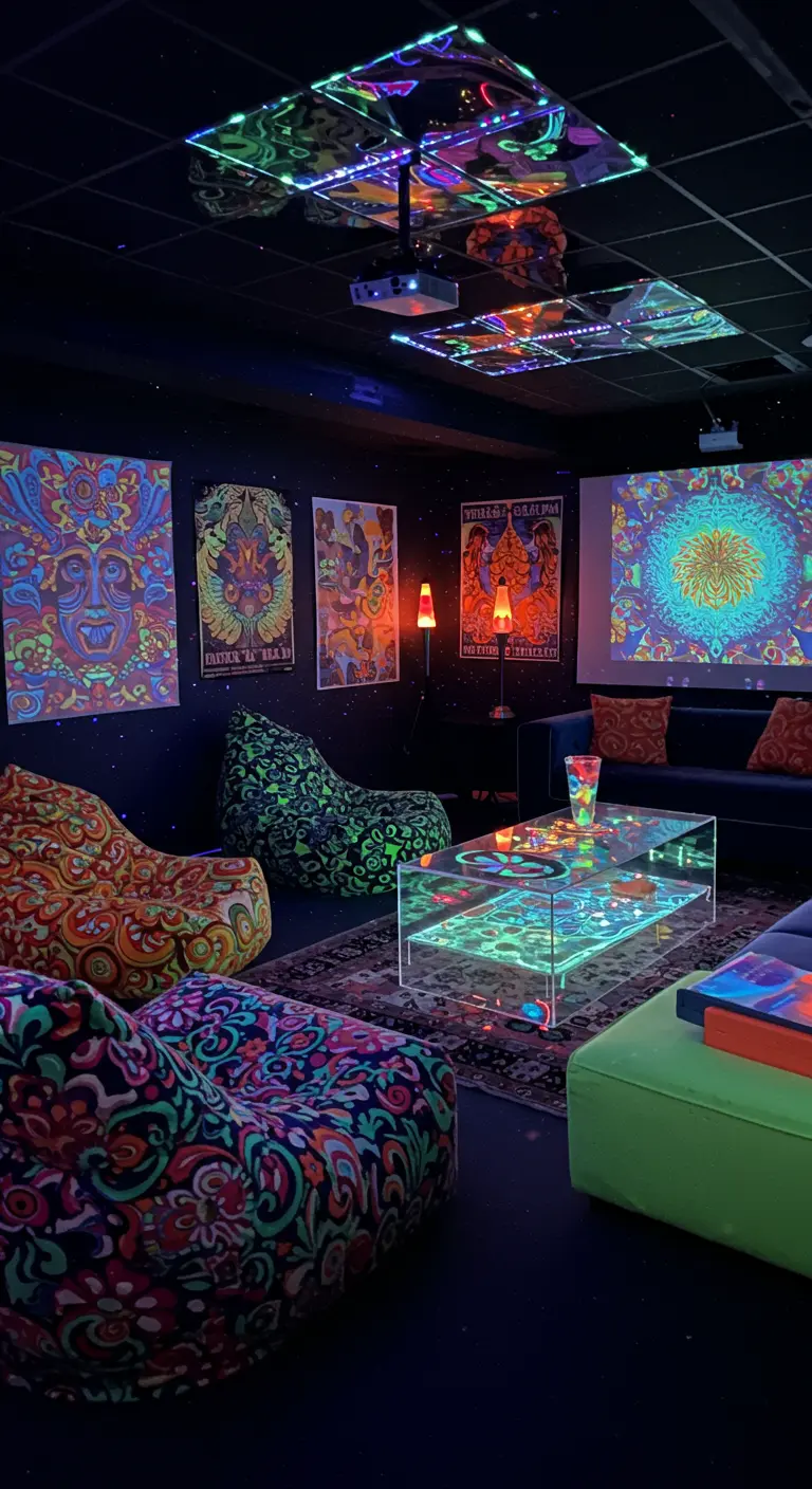 Centre de table lumineux en verre, éclairé par des LED colorées, dans une pièce à l'ambiance psychédélique.