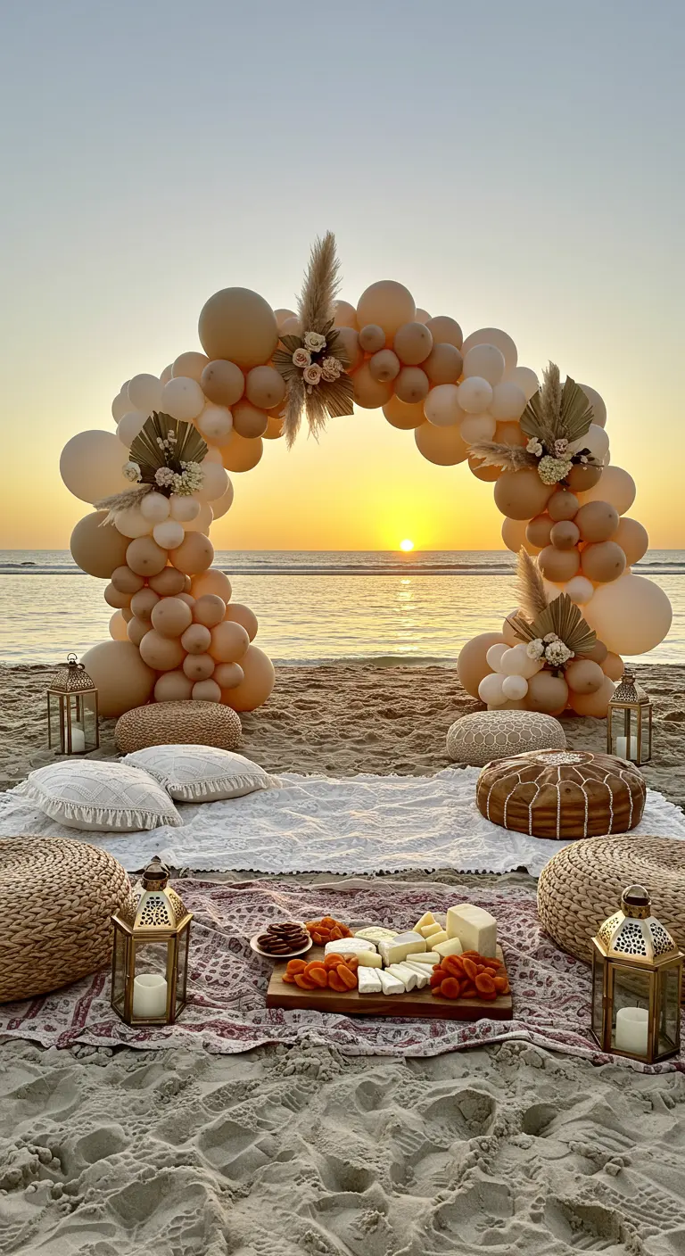 Pique-nique bohème sur la plage au coucher du soleil avec arche de ballons clairs.
