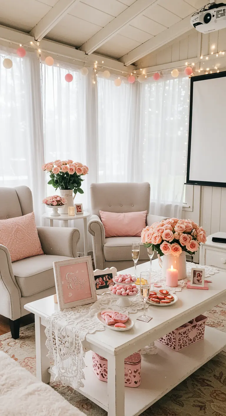 Décoration de salon romantique en rose pastel avec roses fraîches, guirlandes et dentelle.