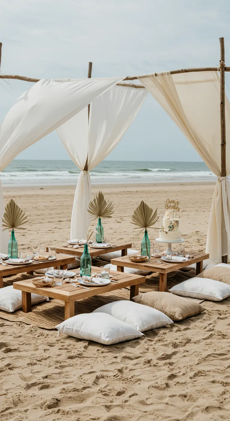 Fête sur la plage avec tente blanche, tables basses et feuilles de palmier.