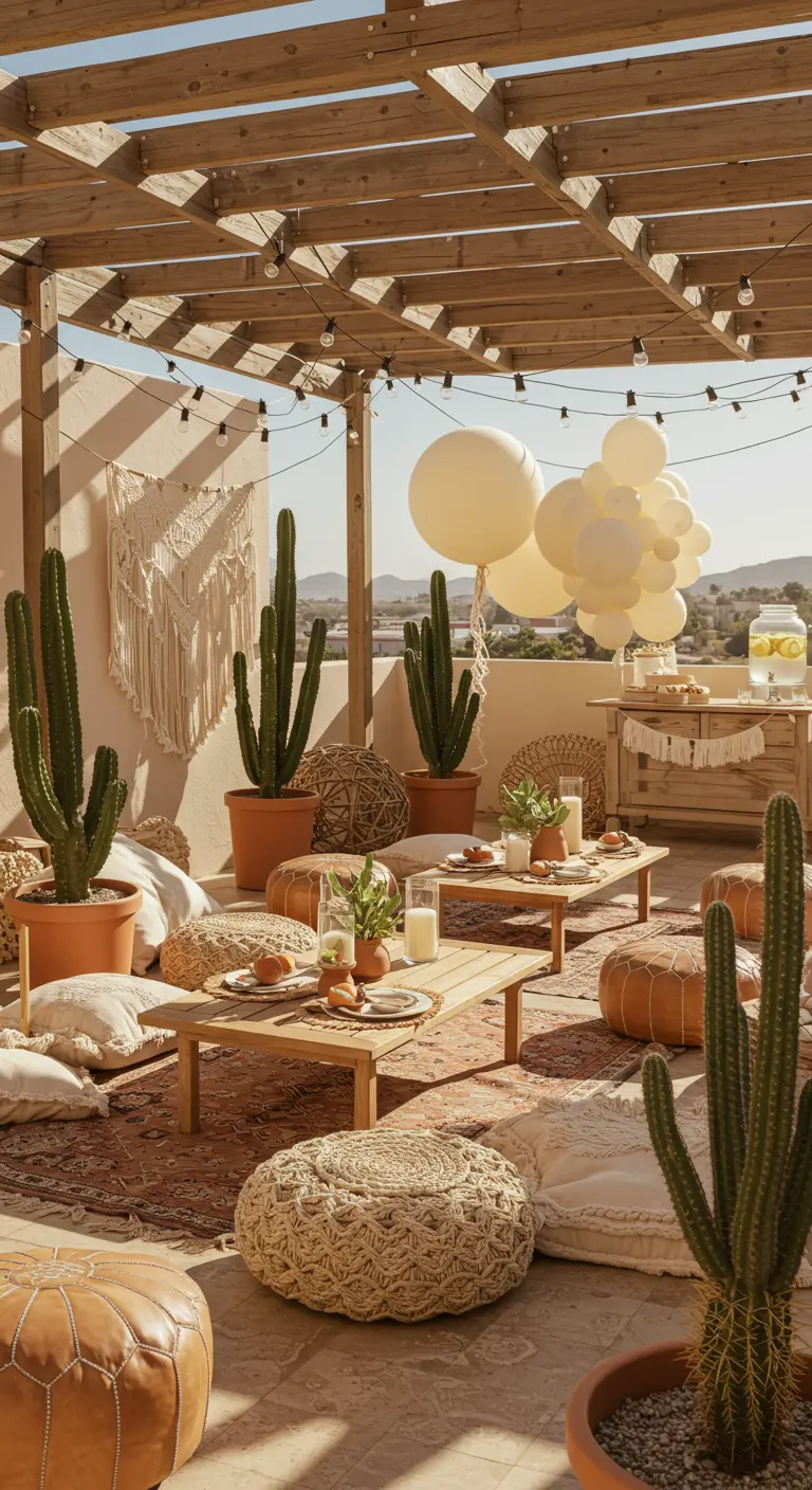 Terrasse style désertique avec cactus, poufs en osier et ballons blancs.