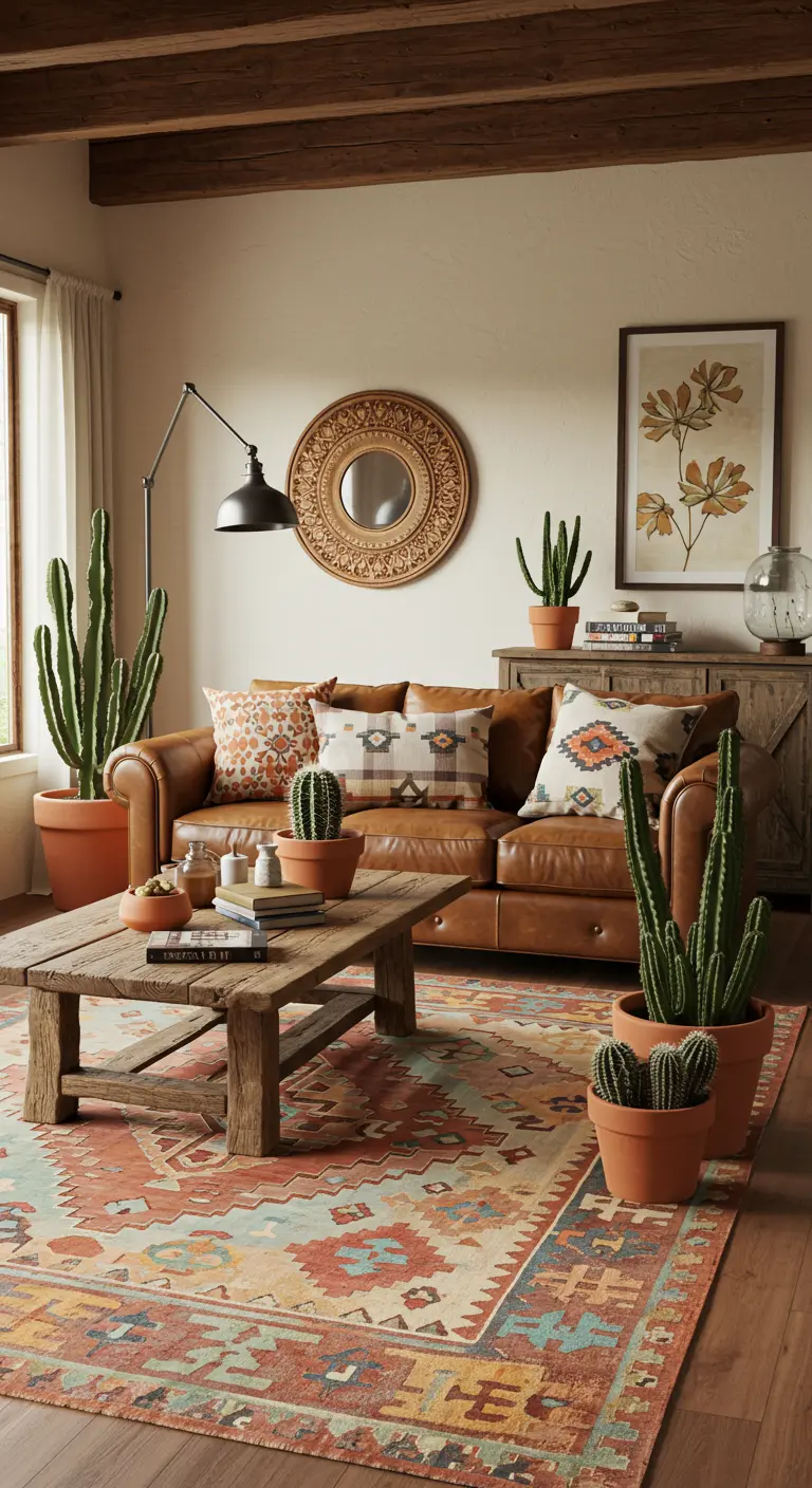 Salon de style sud-ouest avec un grand tapis Kilim et un canapé en cuir marron.