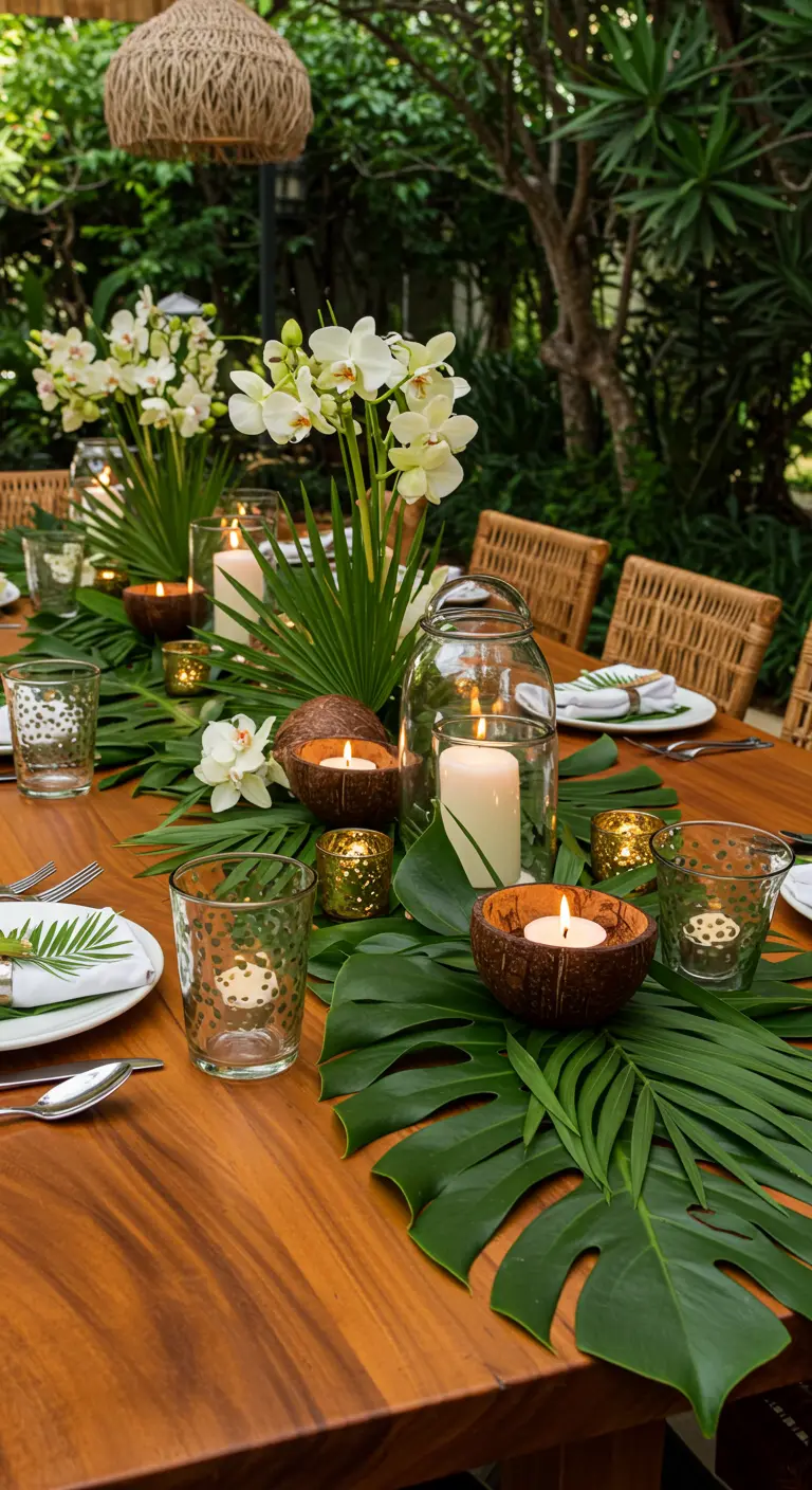 Décor tropical avec feuilles de Monstera, orchidées et bougies dans des noix de coco.