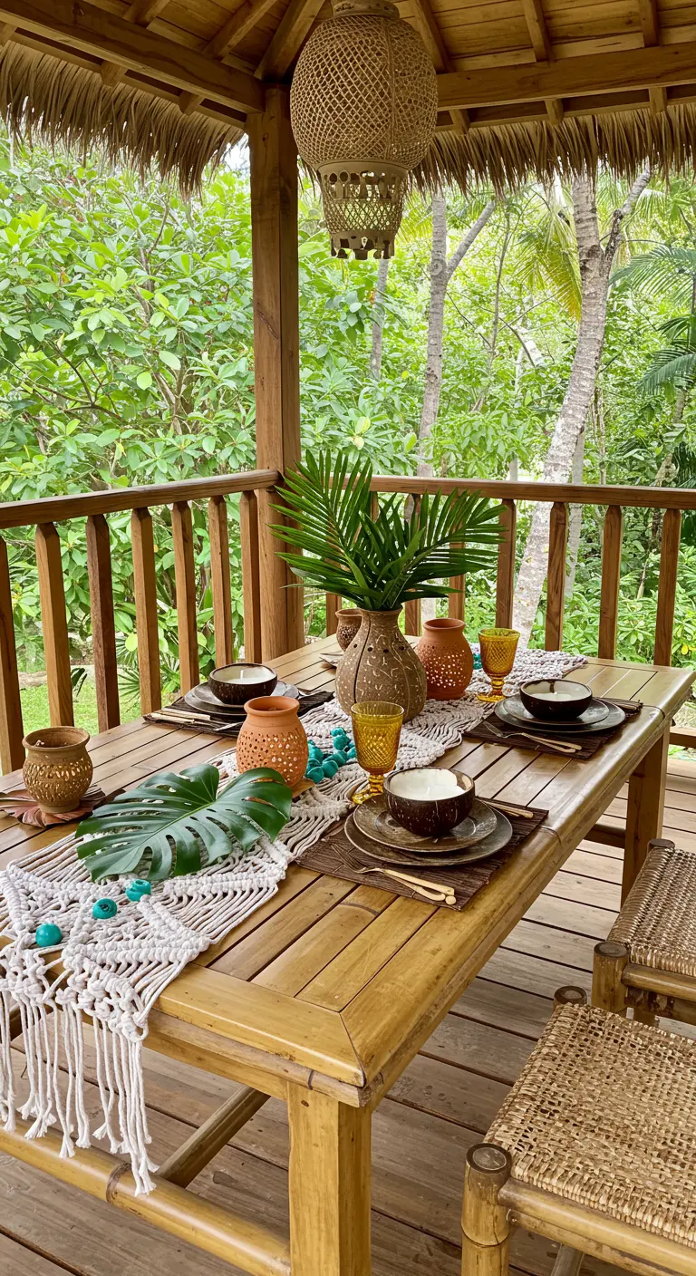 Table en bambou dans une paillote, avec déco macramé et feuilles tropicales.