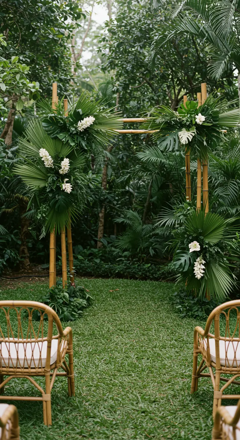 Arche en bambou décorée de palmes, Monstera et fleurs blanches dans un jardin tropical luxuriant.