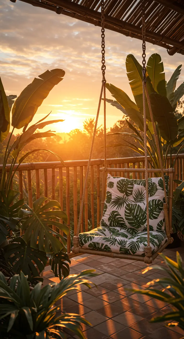 Balançoire en bambou suspendue sur un balcon avec de grandes plantes tropicales.