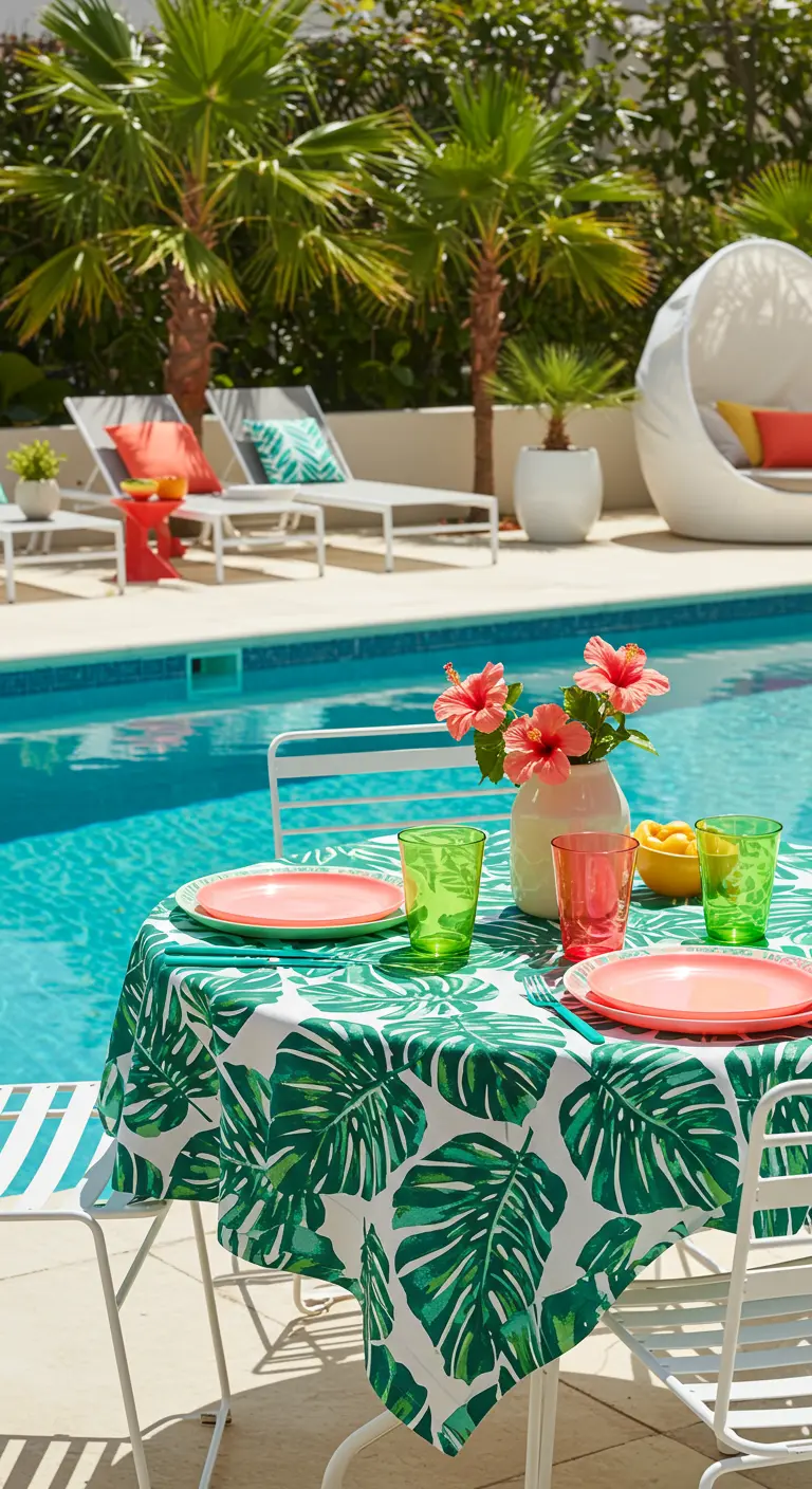 Table blanche avec nappe à motifs palmier près d'une piscine, assiettes corail et verres colorés.