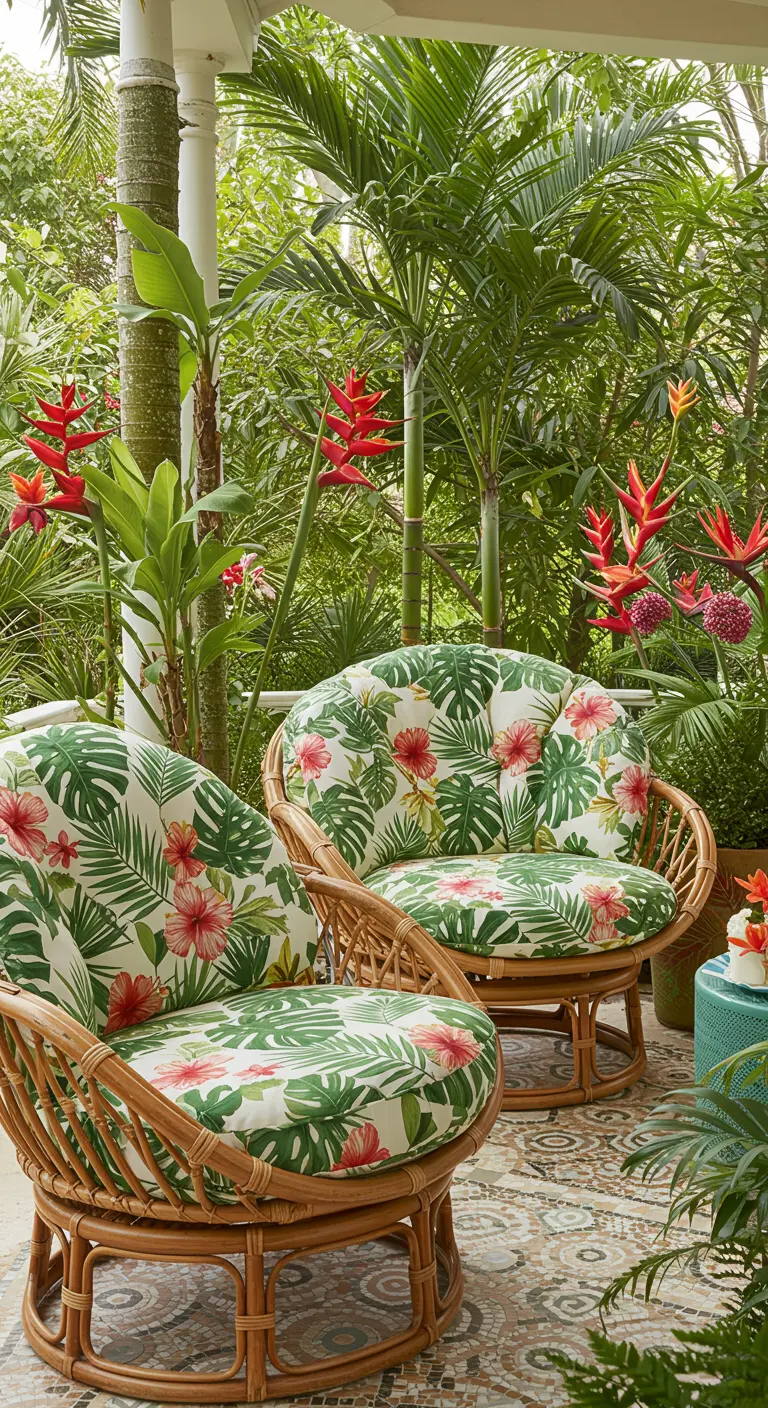 Deux fauteuils papasan aux coussins tropicaux sur un patio luxuriant avec palmiers et fleurs rouges.