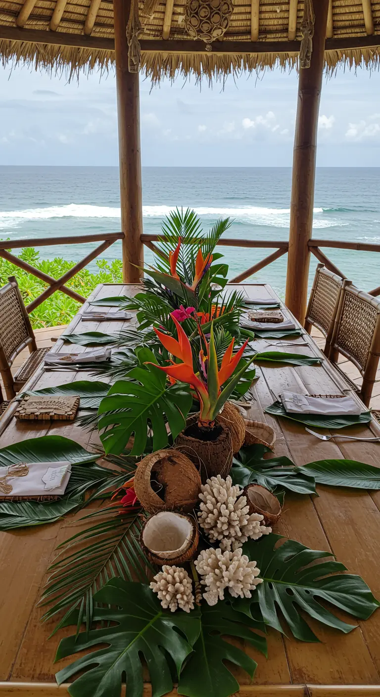 Table en bois face à la mer avec un centre de table tropical de feuilles et noix de coco.