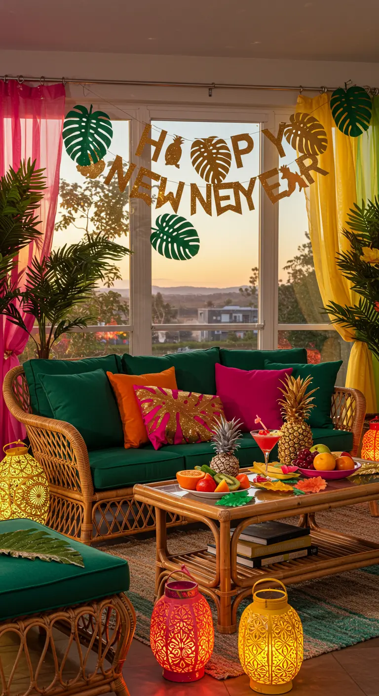 Un salon aux couleurs tropicales avec des rideaux vifs, des palmiers et des décorations d'ananas dorés.