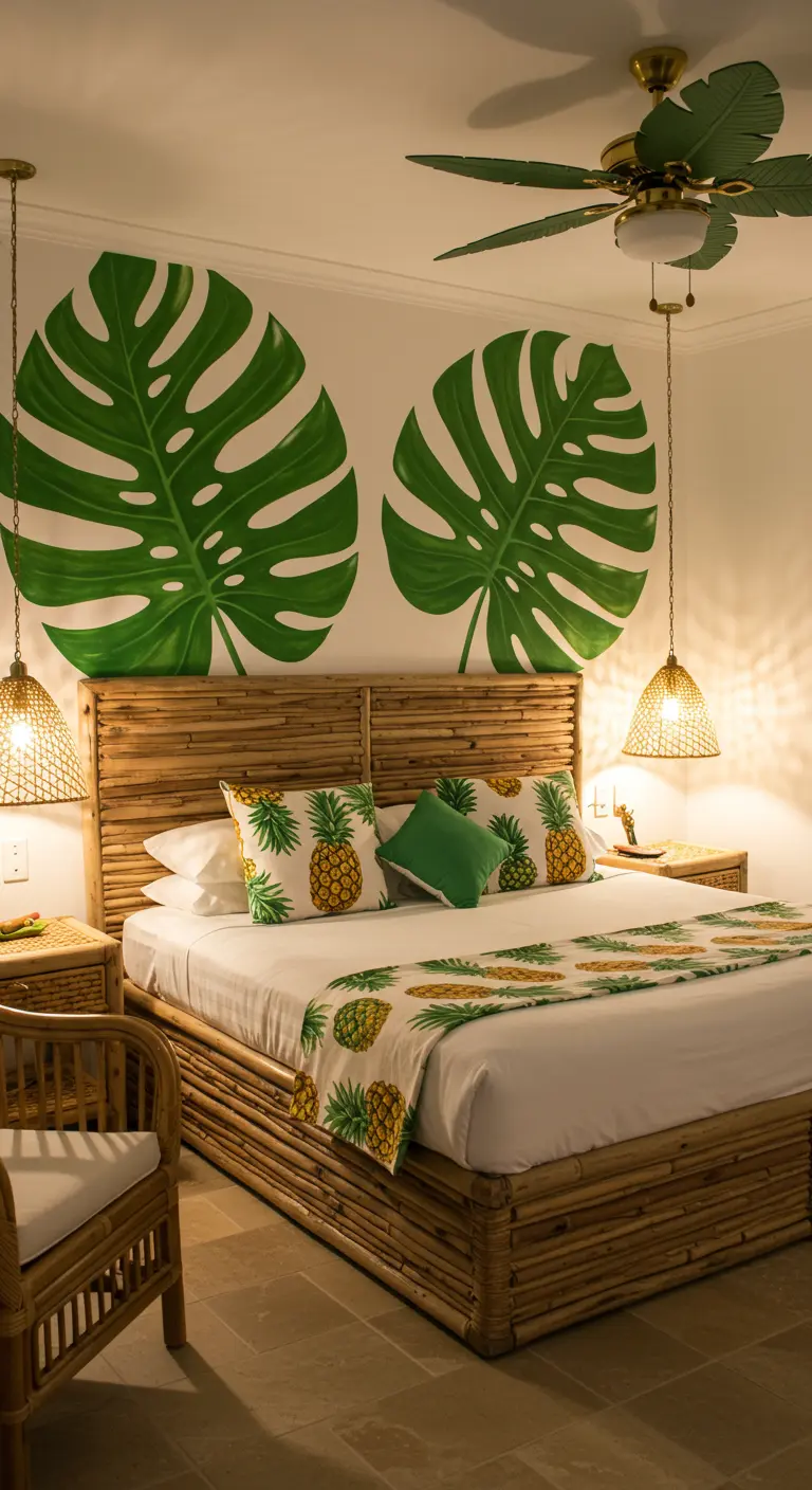 Tête de lit en bambou avec de grandes feuilles de Monstera peintes sur le mur derrière.