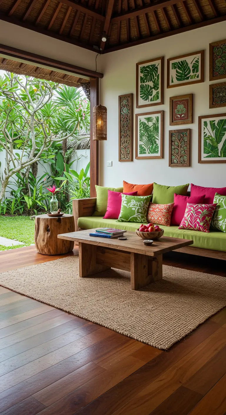 Salon ouvert sur un jardin tropical, avec un canapé vert et un mur de cadres végétaux.