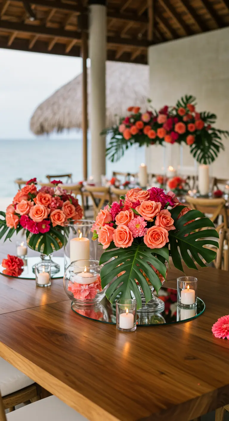 Centre de table tropical avec des feuilles de monstera et des roses corail.