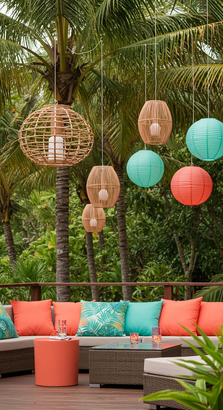 Salon extérieur tropical avec lampions colorés et en rotin, palmiers et coussins vifs.