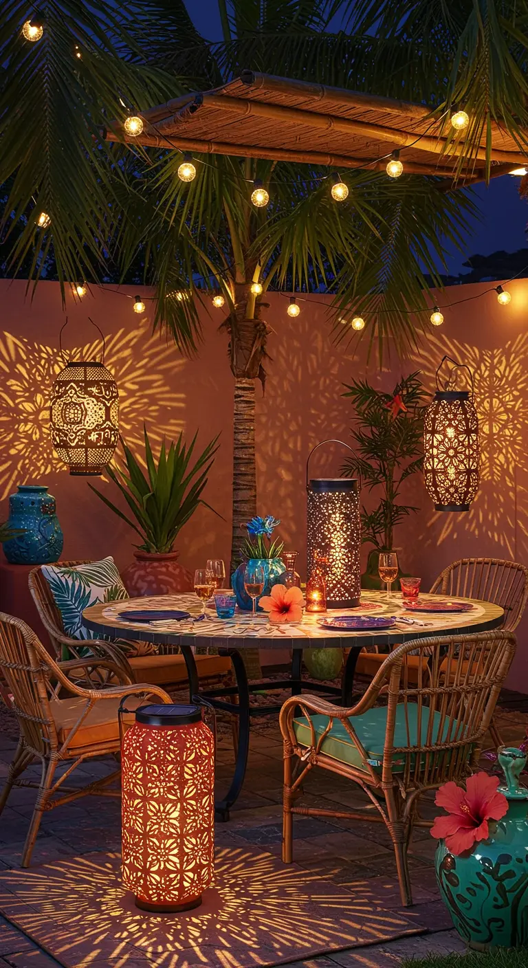 Patio tropical avec palmier, guirlandes lumineuses et lanternes ajourées projetant des ombres.