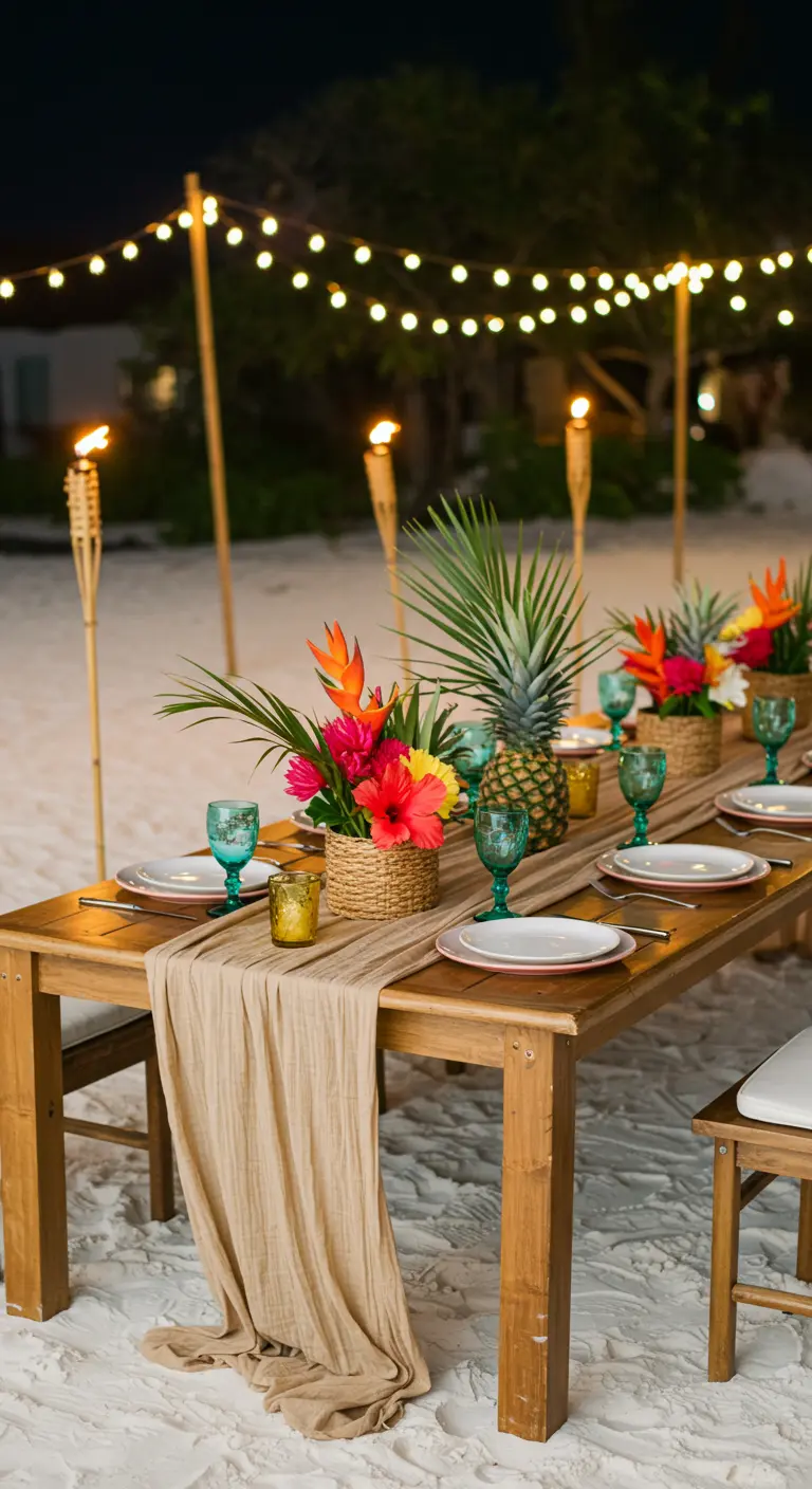 Table tropicale sur la plage avec chemin de table beige, ananas, hibiscus, verres turquoises et torches.