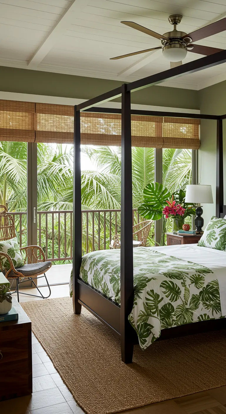 Chambre tropicale avec lit à baldaquin noir et literie à motifs verts luxuriants.