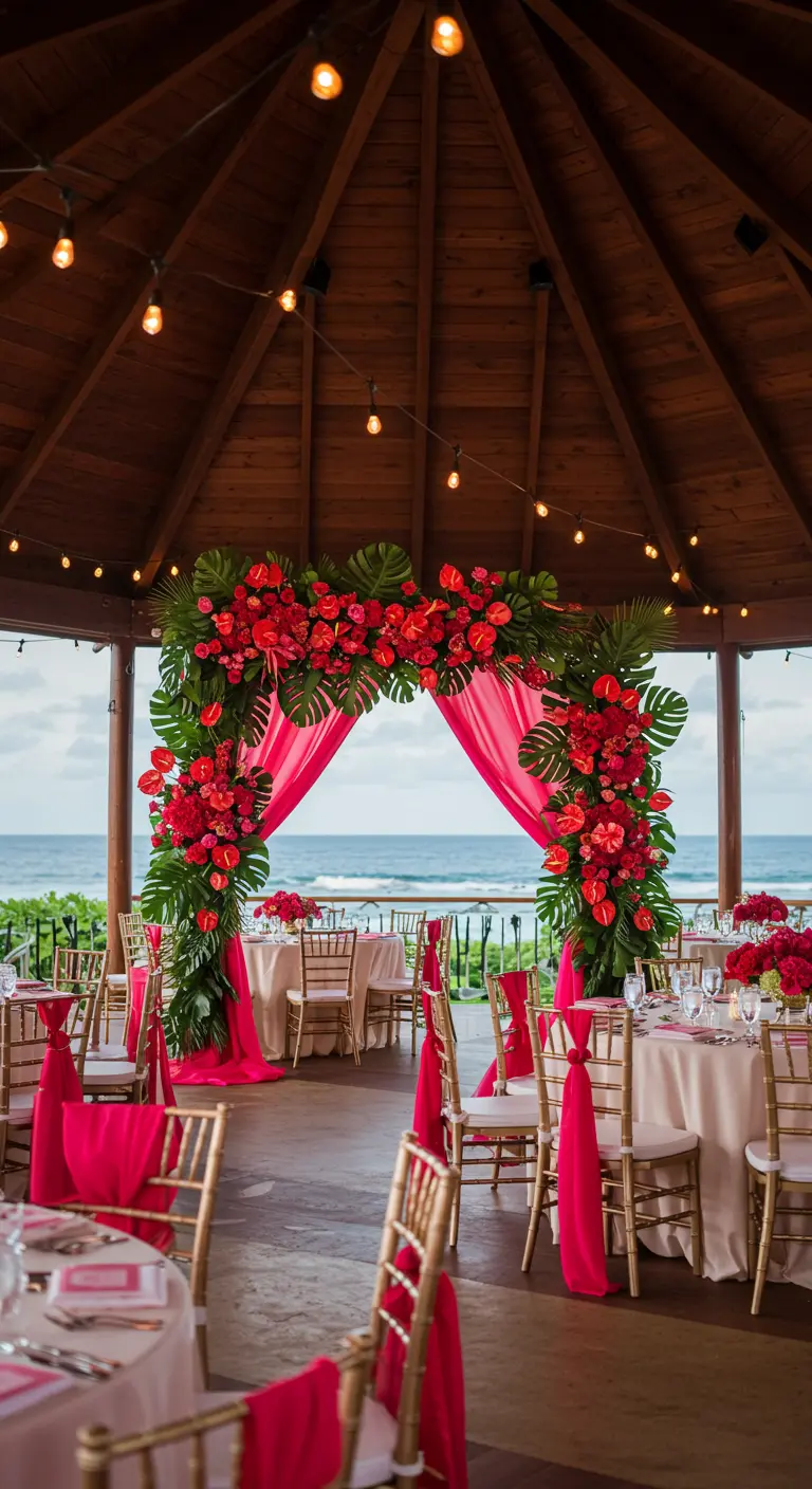 Arche tropicale avec feuilles de monstera et fleurs fuchsia au bord de l'océan dans un kiosque.
