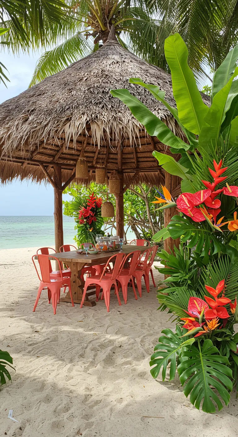 Table en bois, chaises corail sous une paillote, entourée de plantes tropicales sur une plage.