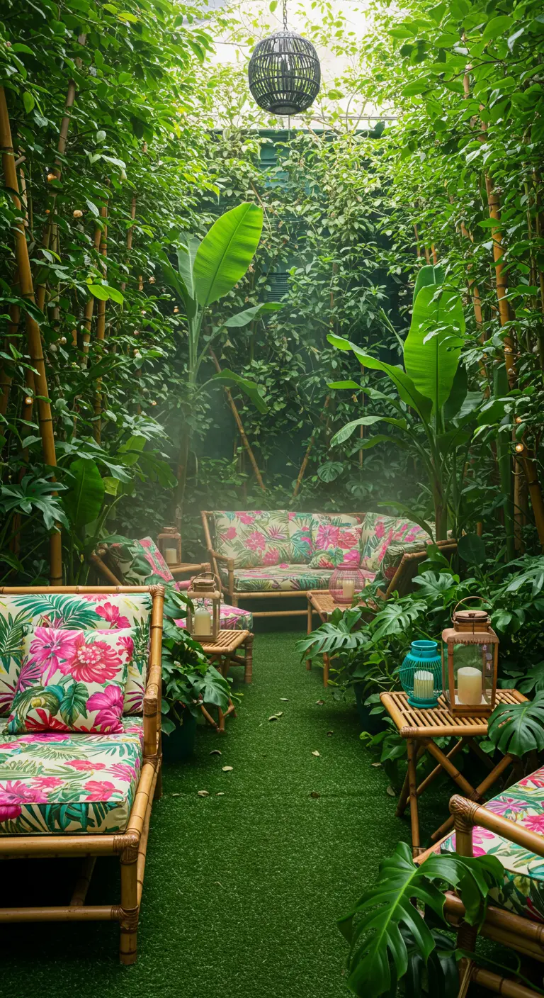 Salon de jardin tropical avec bambous, grandes plantes, mobilier en bambou et coussins à motifs floraux.