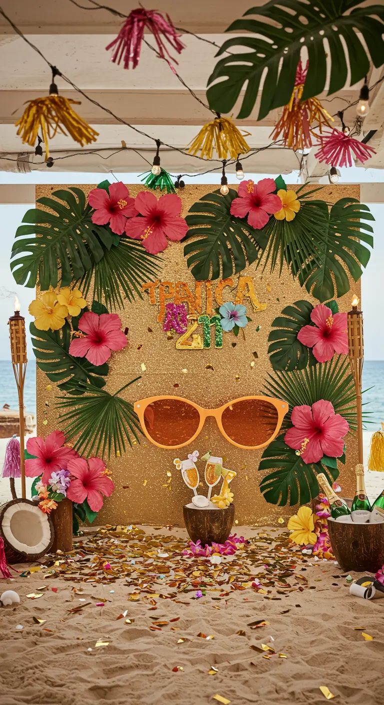 Photobooth tropical avec fond pailleté doré, feuilles de palmier, fleurs, lunettes géantes et noix de coco.