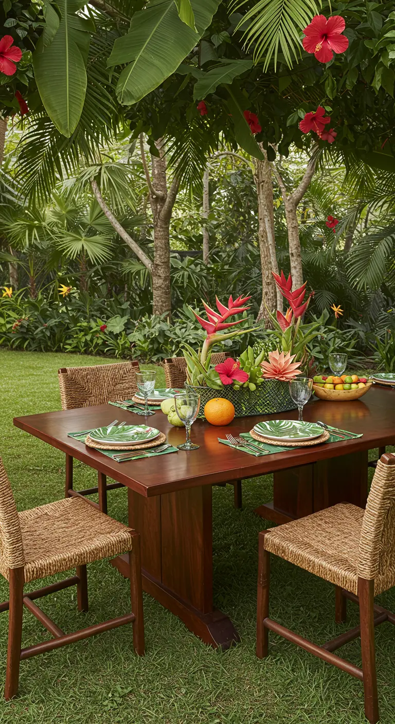 Table en bois sombre dans un jardin tropical luxuriant avec des fleurs d'hibiscus.