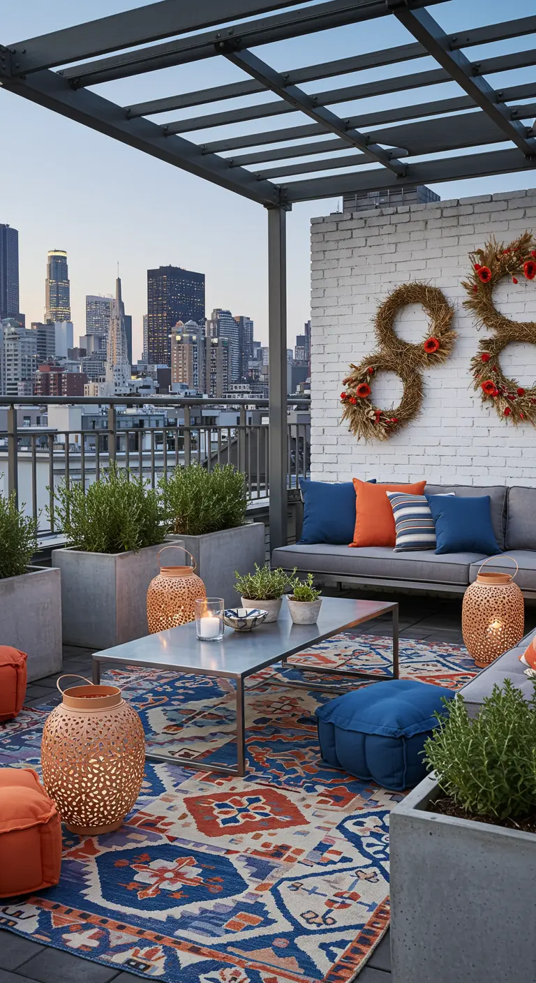 Terrasse de toit moderne avec vue sur la ville, canapé gris, coussins colorés, jardinières en béton et lanternes décoratives.