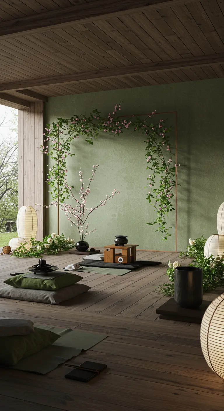 Coin zen avec treillis mural décoré de guirlande de fleurs de cerisier roses, coussins au sol.